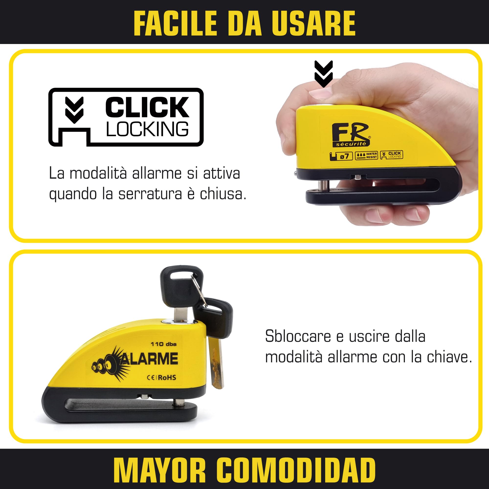 FR SECURITE FR7Y Bloccadisco Moto Antifurto con Allarme Sonoro 110dB, Lucchetto Moto Chiavi Alta Sicurezza, Blocca Disco Universale Bici Motorino Moped Motocross, Accessori Borsa, 1.5m Reminder