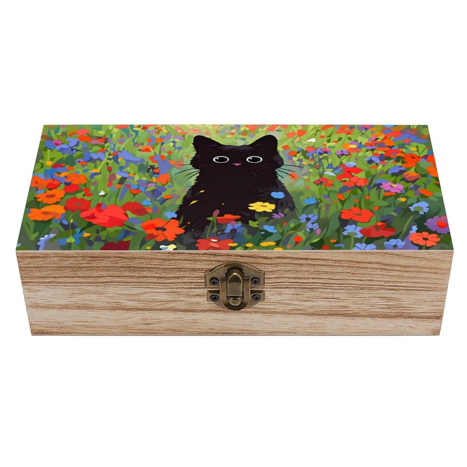 asbwuo Charming Black Cat Floral Vintage Wooden Keepsake Box