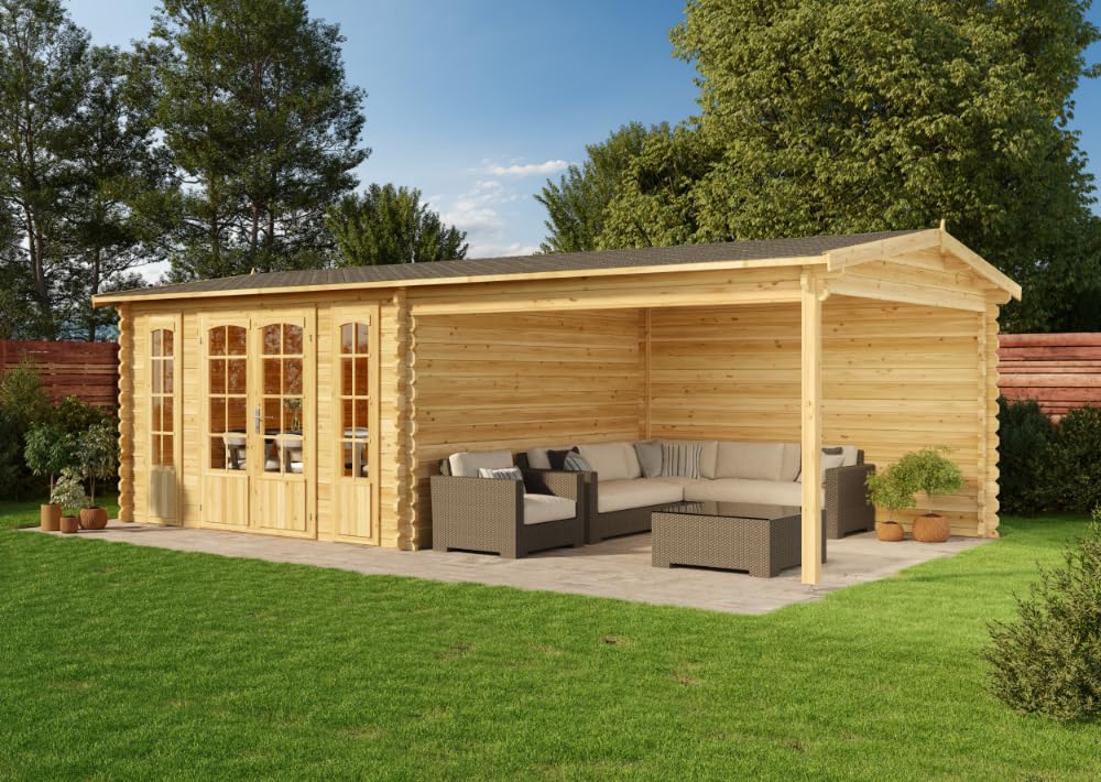Alpholz Gartenhaus Freiburg-44 aus imprägniertem (Pinie) Holz 755 x 399 cm mit 44 mm Wandstärke, Terrasse und Doppeltür