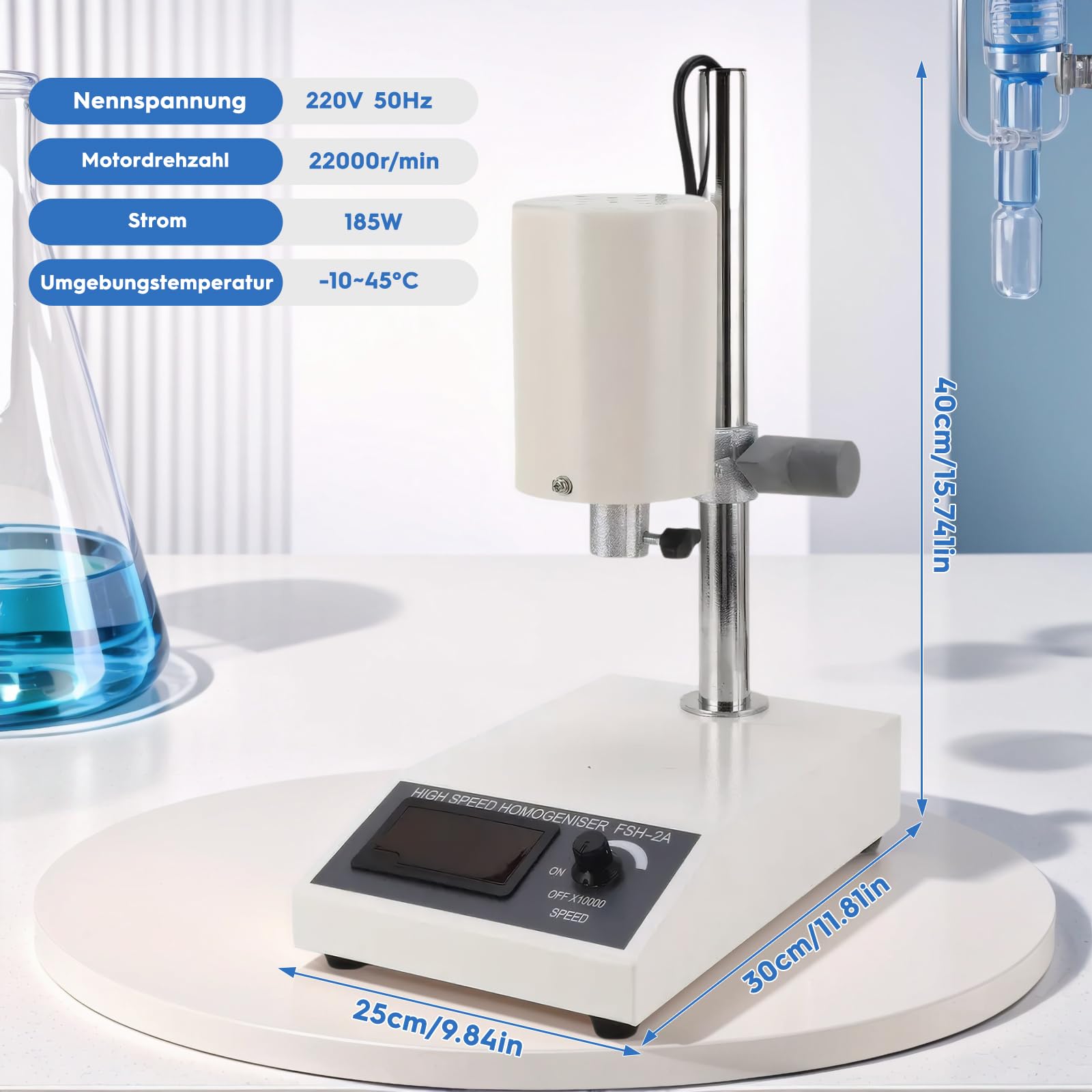 Homogeneizador ajustable de alta velocidad, emulsionante dispersante de laboratorio, 8000 a 22000 rpm con pantalla digital, altura regulable de 5 a 500 ml para medios, dispersión celular, cosméticos