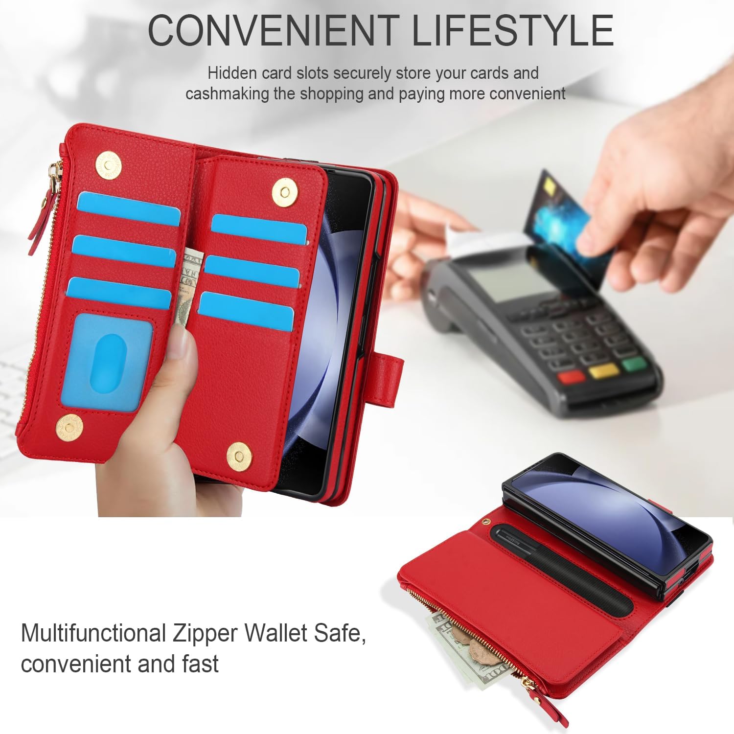 Leather Wallet Case with Removable Wrist Strap for Samsung Galaxy Z Fold 5,RFID Blocking Shockproof Protective Phone Case with Card Slots and S-Pen Holder for Women Ladies(Red)