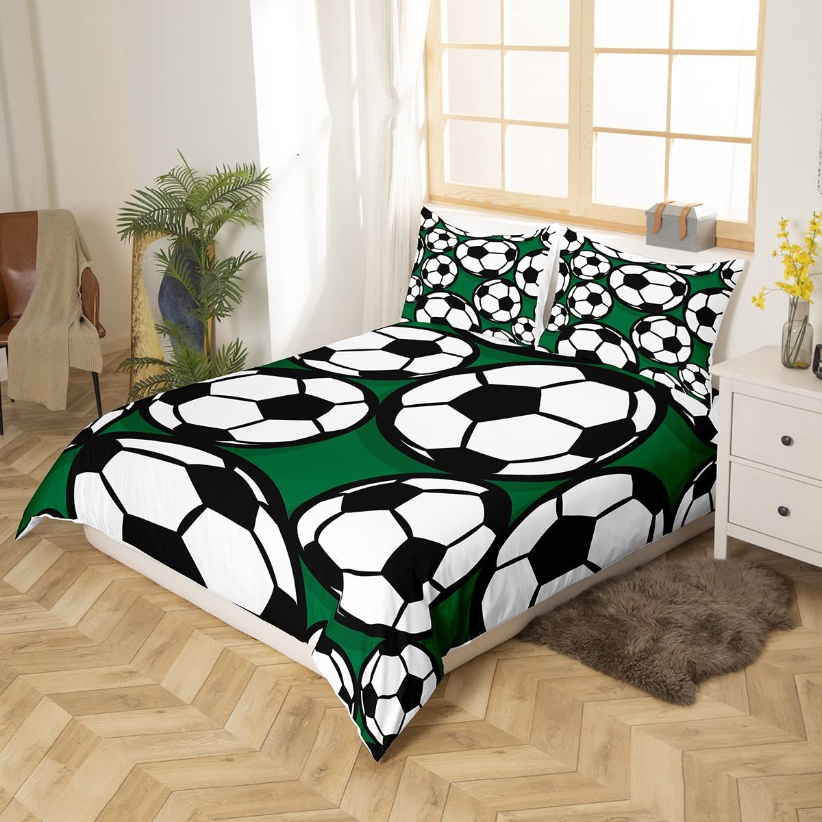 Funda de edredón de pelota de fútbol, juego de ropa de cama de fútbol verde deportivo para niños y niñas, funda de edredón de microfibra para juegos competitivos, funda de colcha de fútbol americano