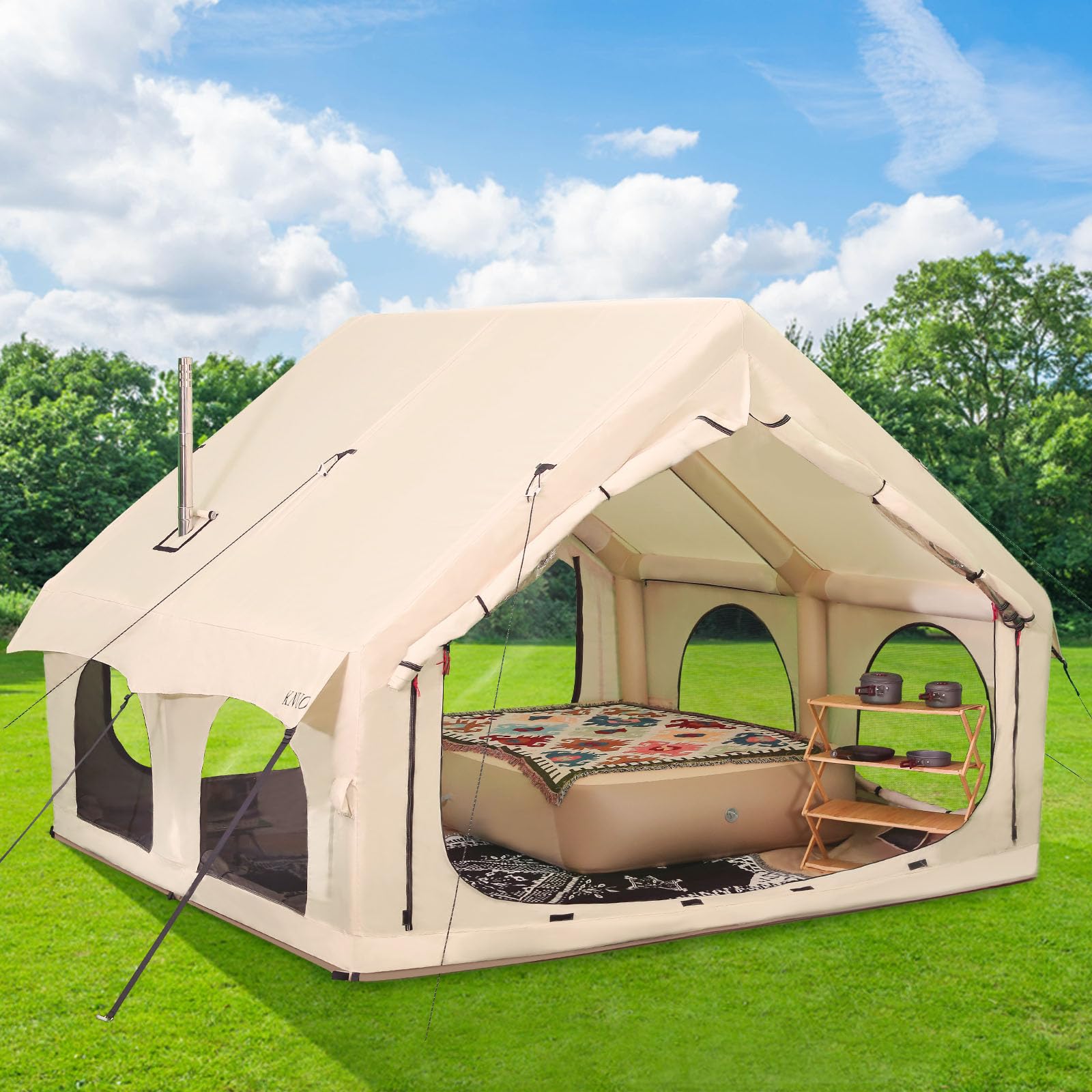 2025 Upgraded 100% Waterproof Inflatable Camping Tent, Large Blow-Up Air Tent, No Assembly Needed Luxury Glamping House, Oxford Fabric