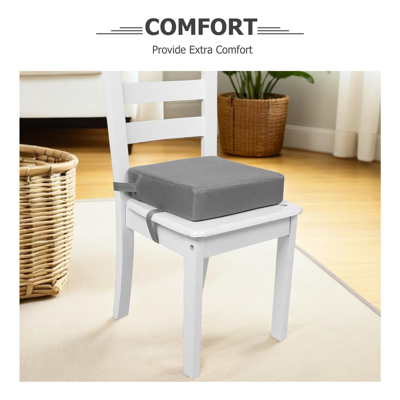 POPETPOP Rehausseur pour Chaise Haute Garçon et Filles 76 CM Coussin de Siège Respirant en Maille Grise Base Antidérapante avec Sangle Réglable Coussin Réducteur pour Salle à Manger