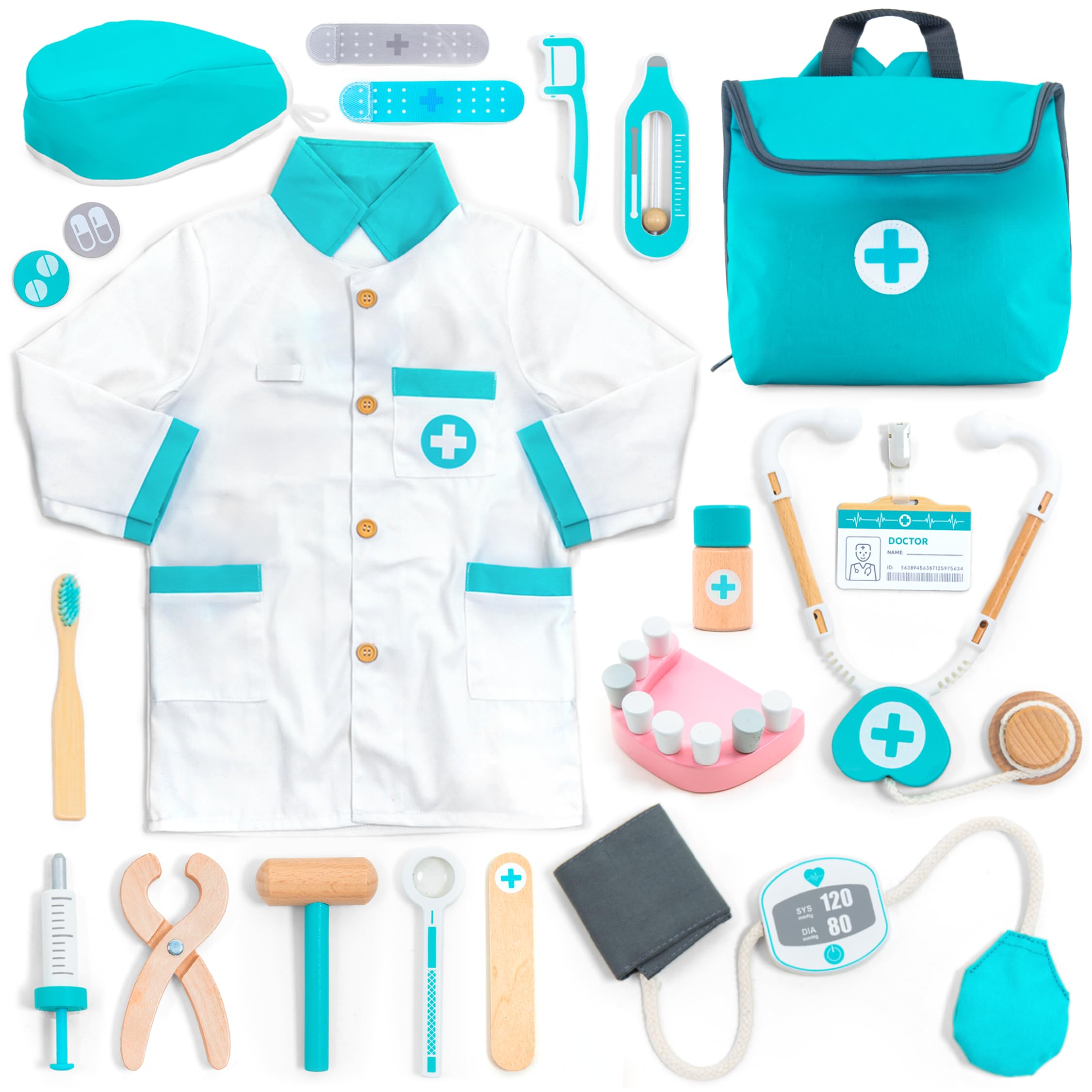 UMU® Wooden Doctor Kit for Kids, Pretend Play Set including Stethoscope, Doctor Coat, Dentist Tools & More