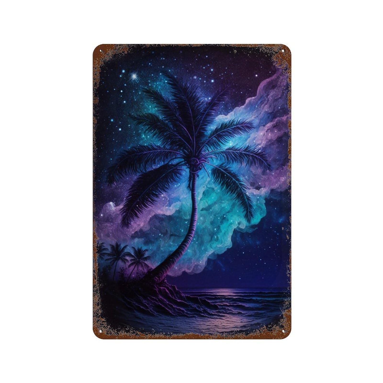 Rust Effect Galactic Palm Beach Aged Metal Wall Plaque 11.8"x7.9", Shabby Chic Decor for Living Room, Hallway And Home Decor