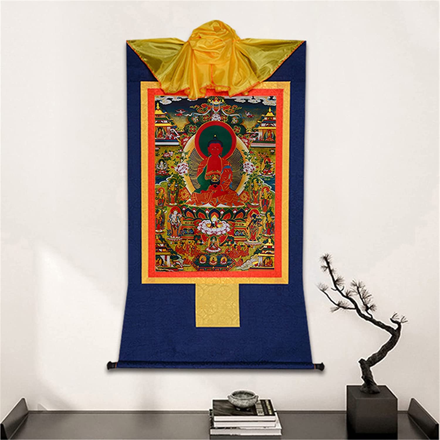Tibetische Tangka, Rollen von Tangka, Amidabha im Reinen Land, Elysium des Buddhismus, Sukhavati, tibetische Thangka-Malkunst, buddhistischer Thangka-Brokat (Farbe: Blau, Größe: Klein (35 (Farb ( Colo