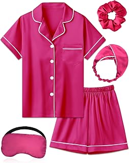 Kids Silk Pajamas Girls Satin Pajama Set Button Down Pjs Set 5-12Y