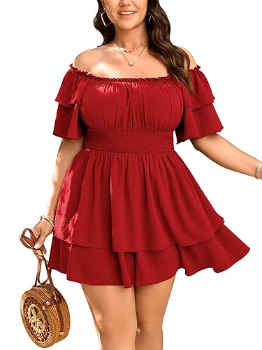 SCOMCHIC Women Plus Size Romper Dress Summer Off The Shoulder