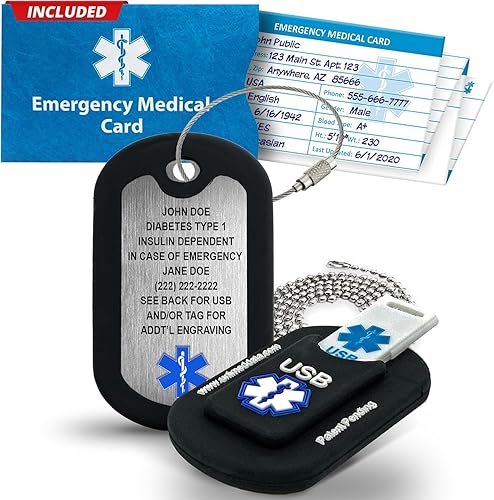 Collar de alerta médica USB de 2 GB - 2 x 1.25 pulgadas - Collar de acero inoxidable grabado con placa de identificación médica - Collar de alerta