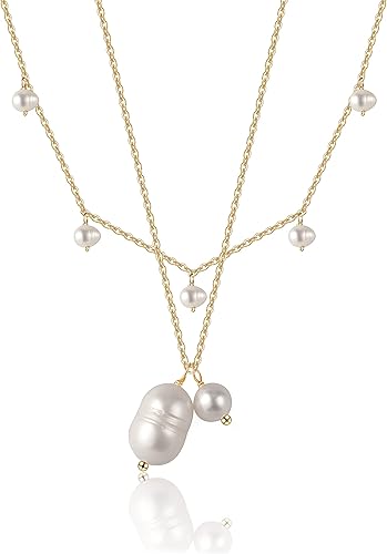 Cowlyn Delicado collar con colgante de perlas redondas para mujer, chapado en oro de 14 quilates, cadena de cruz de girasol, colgante hecho a mano,