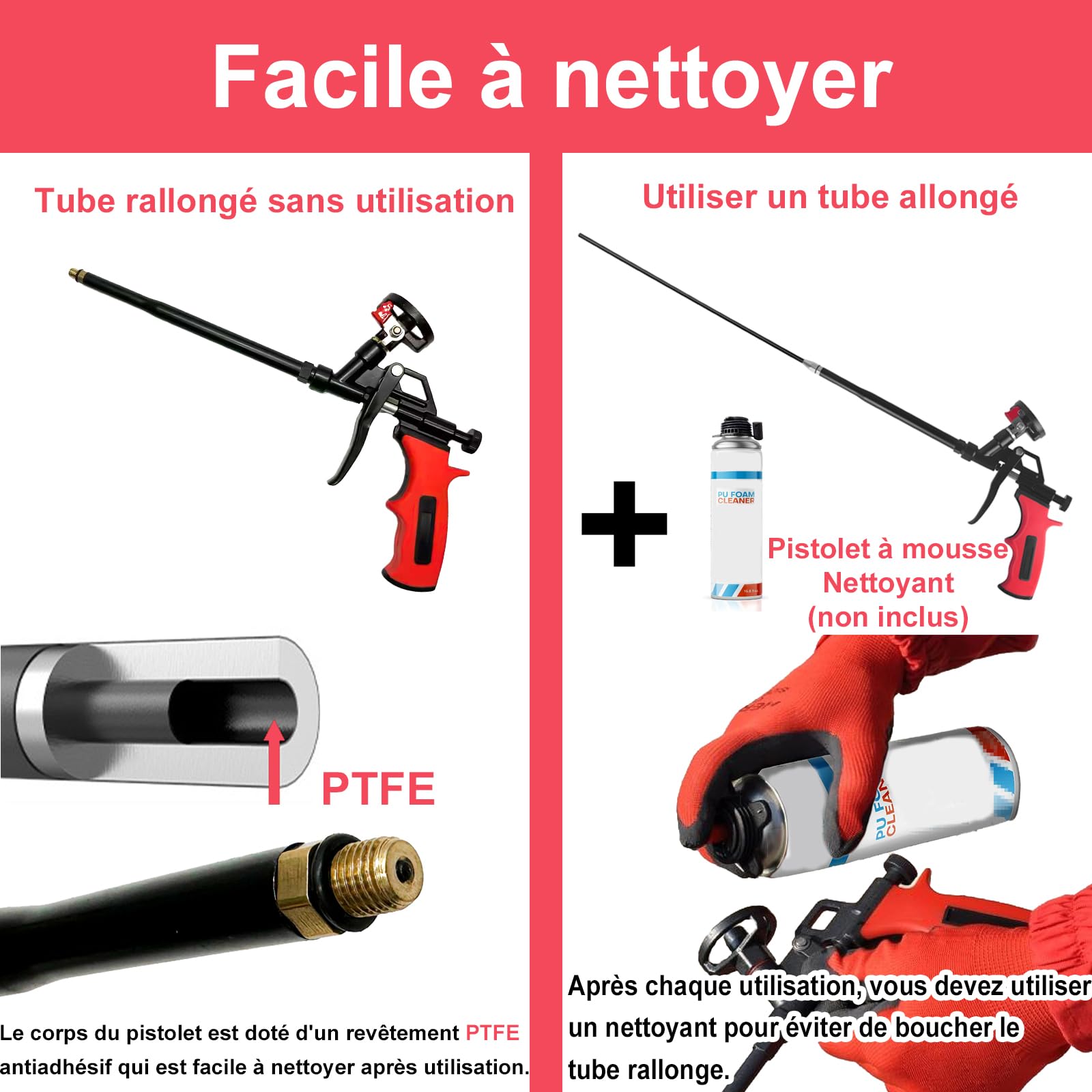 Pistolet à mousse extensible de 63,5 cm – Panier avec revêtement en téflon antiadhésif, pistolet isolant en mousse extensible pour calfeutrer, remplir, sceller