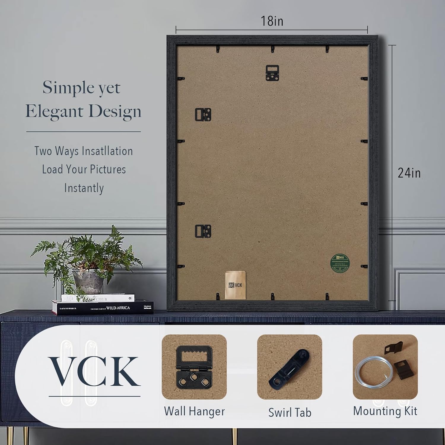 VCK 18x24 Frames Wood for Wall, Black Oak Picture Frame 3 Pack, Display Photos, Prints, Artwork, Wall Hanging