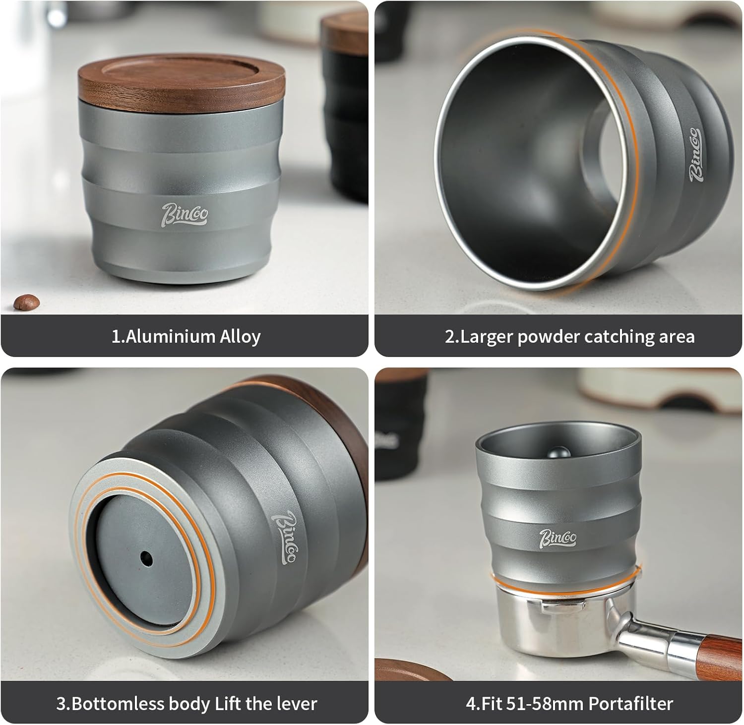 Bincoo Aluminum Alloy Dosing Rings Press for Coffee Powder-Espresso Powder Receiver Cup,Coffee Powder Receiver Container,Espresso Grounds Cup 51mm/53mm/58mm(Sliver)