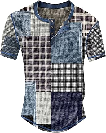 White Polo Shirts for Men Casual Top Striped Plaid Retro Western Denim Print Button Mens T Shirt Top White Polo T