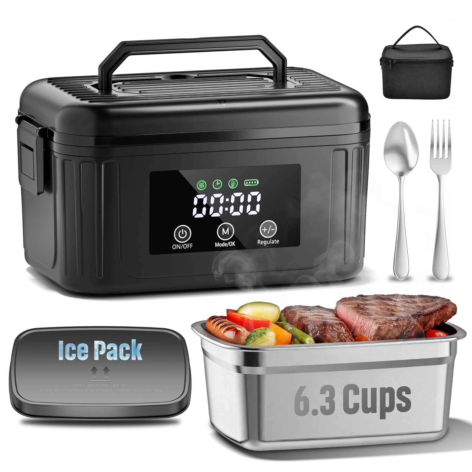 Photo 1 of Scudra Heated Lunch Box, 6.3-Cup Cordless Electric Lunch Box for Adults, Battery Powered Food Warmer with Scheduled Heating Timer and Removable Ice Pack, Portable for Work, Office, and Outdoor (Black)