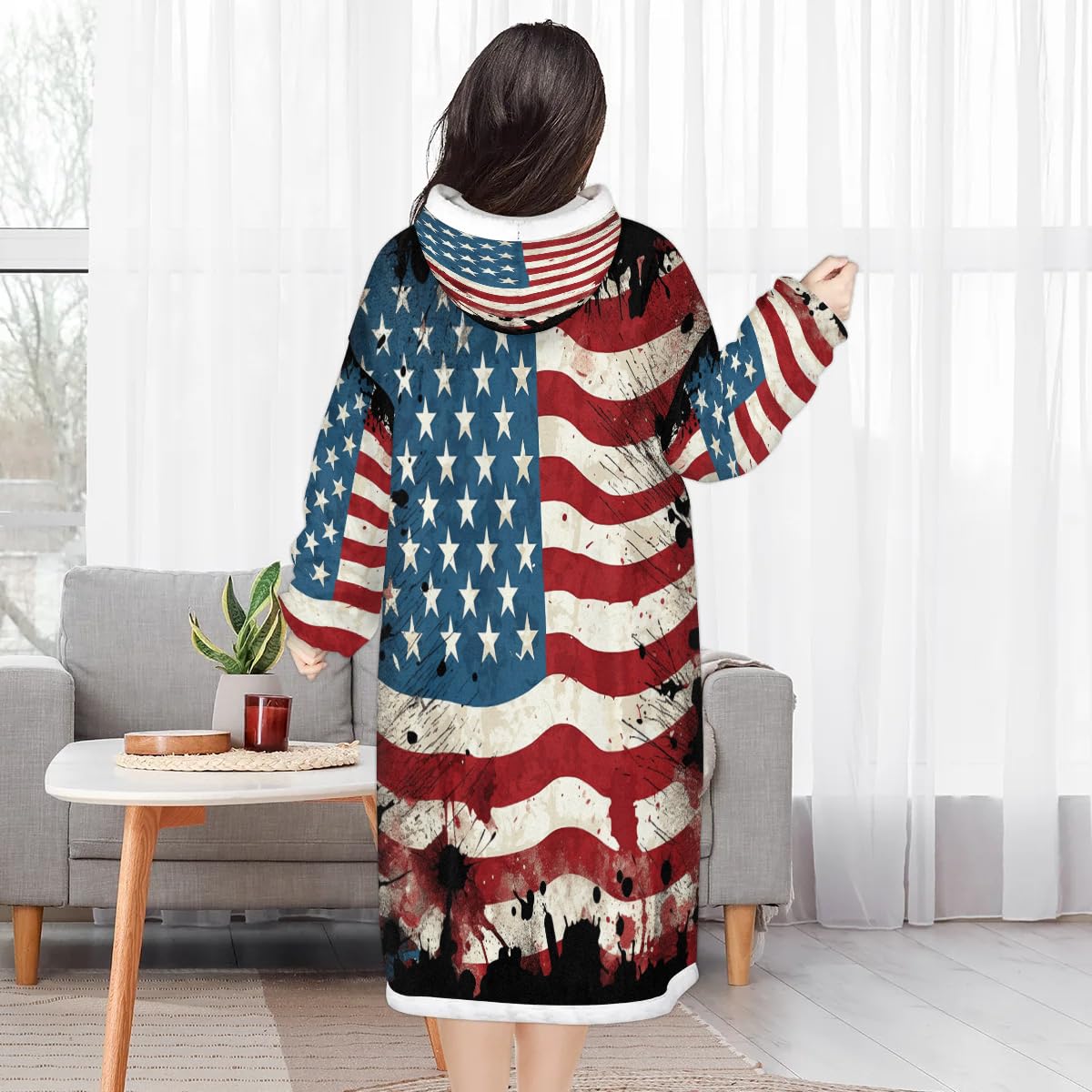 Vintage American Flag Wearable Blanket Hoodie for Women Men Adults, 4th of July USA Flas Oversized Sweatshirt Blanket Warm Cozy Sherpa Hooded Blanket with Pocket