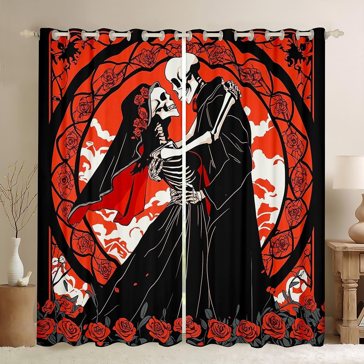 Sugar Skull 38"Wx54"L 2 Panels Blackout Curtains for Adults Romantic Couple Print Curtains & Drapes Extoic Skeleton Bone Curtains,White And Black Weeding Lover Window Treatments for Woman Man
