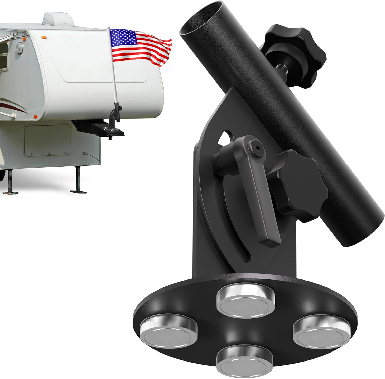 Magnetic RV Flag Pole Holder for 5th Wheel Trailer Hitch, No-Drill Heavy Duty Camper Flag Mount, 90° Adjustable, 500 LBS Pull Force for Travel Trailer, Truck & Tailgating
