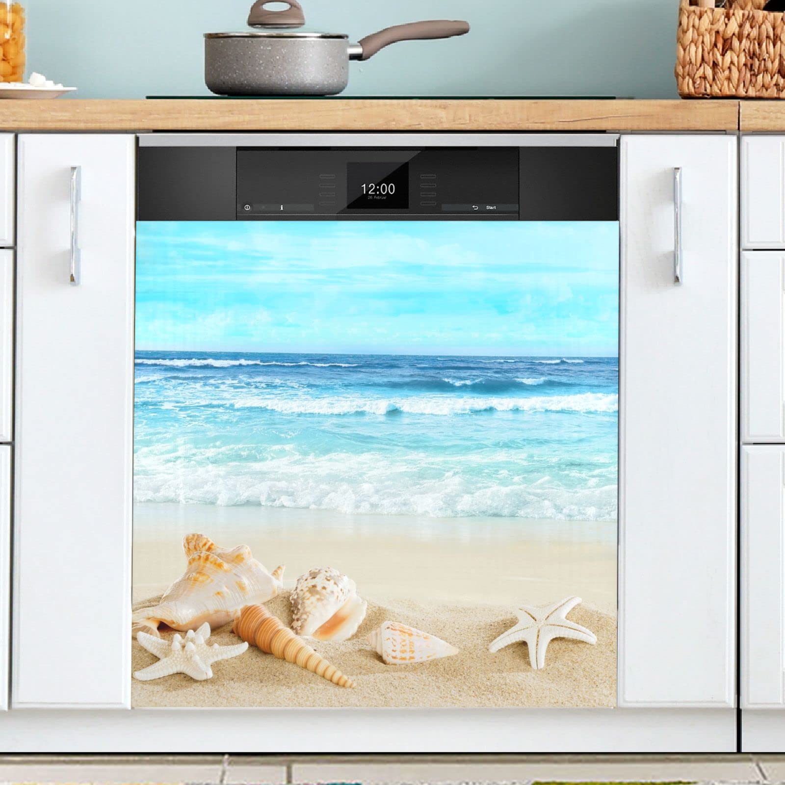 Beach View Magnetic Dishwasher Cover Shells Starfish Magnet Door Decal Panels for Kitchen Appliances Refrigerator Decorative 23x26inch
