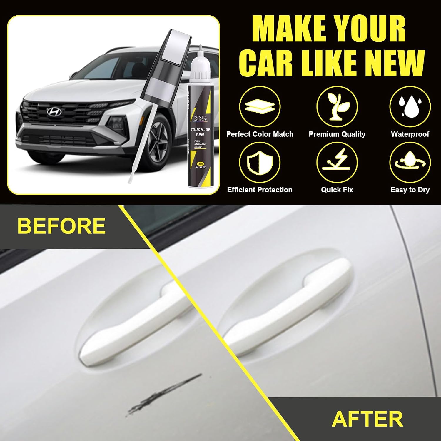 XNA Serenity White Pearl(W6H) for Hyundai Touch Up Paint, Car Scratch Remover for Nicks and Chips Repair, 2-In-1 Quick & Easy Fix Car Scratch Repair Kit with Exact Color-Matched