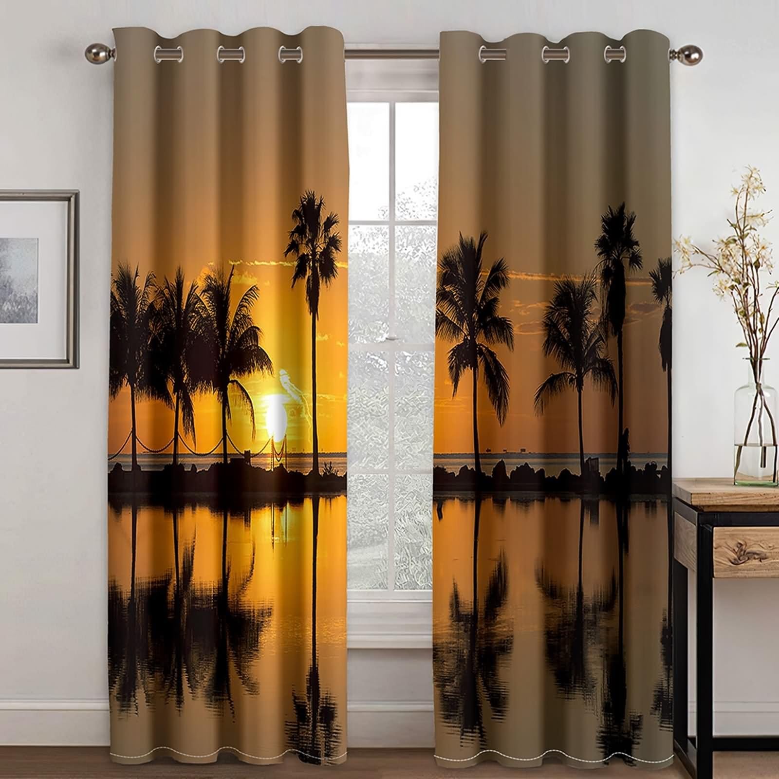 Zasłona okienna Łazienka, Blackout Kurtyny Pomarańczowy Brązowy Zielony Zachód Słońca, Drzewo kokosowe, Krajobraz Morski Poliester 2 Panele 488x244cm