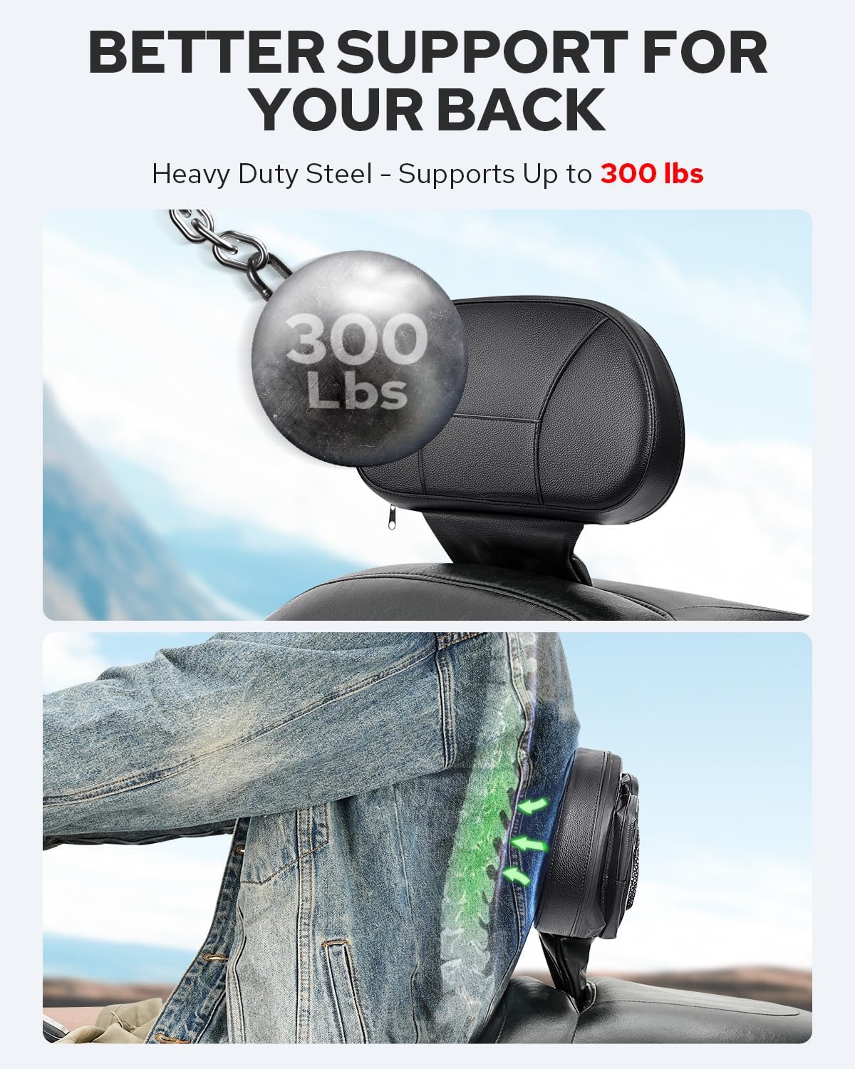 Benlari Driver Rider Backrest, Adjustable Detachable Plug-in Rider Back Rest Pad Fit for Harley Davidson Touring Street Glide Electra Glide Road Glide Road King CVO 1997-2024, Black (Black)