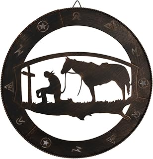 EBEI Praying Cowboy Metal Wall Art Wall Decor Circle Western Home Decor 15" Copper Rustic Retro Metal Texas Wall Decorations