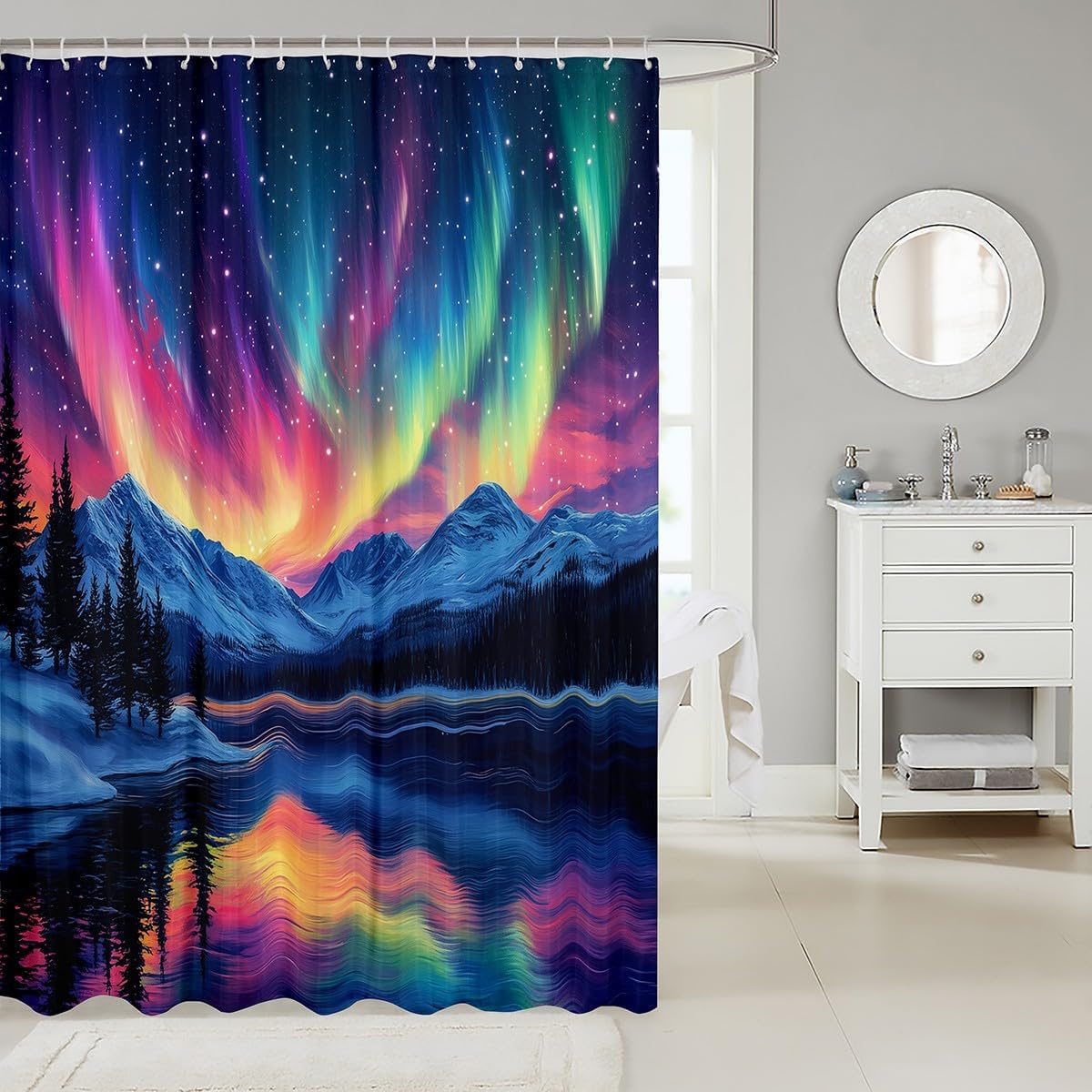 jejeloiu Mountain Lake Shower Curtain 72"x78" Aurora Starry Night Sky Bath Curtain for Boys Girls Teens Nature Landscape Bathroom Shower Curtain Set Waterproof Galaxy Kids Bathroom Accessories
