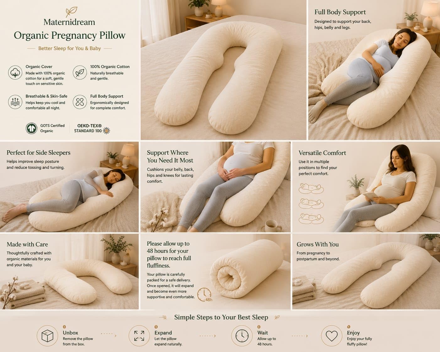 Pregnancy Pillows, U-Shape Full Body Pillow - Pregnancy Pillows for Sleeping, Body Pillows for Adults, Maternity Pillow and Pregnancy Must Haves - Removable Organic Cotton Cover - Natural