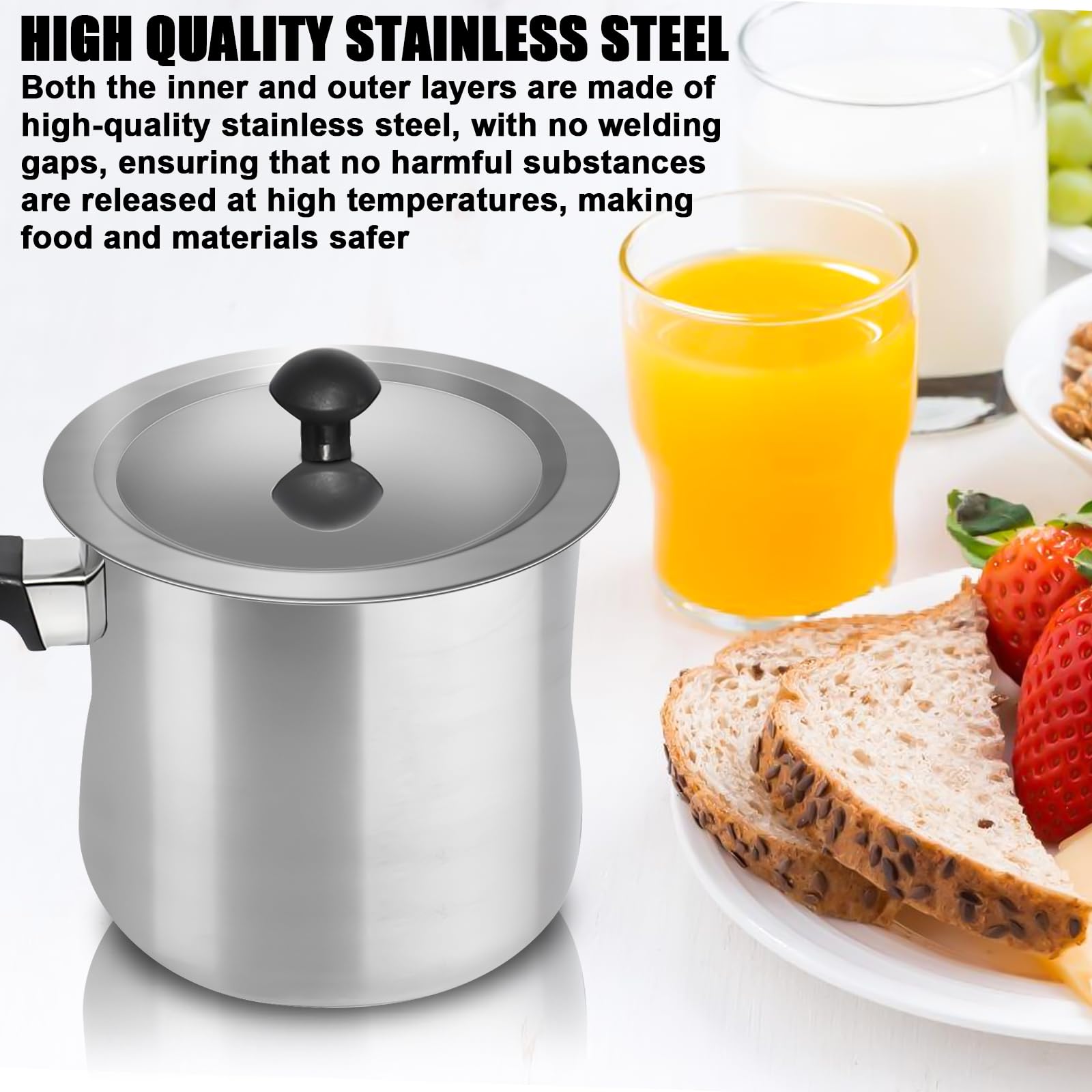 Olla para leche de acero inoxidable de 2 litros, de doble pared, para inducción, con mango de plástico antideslizante, color plateado de gran calidad, para calentar leche en baño maría, olla de acero