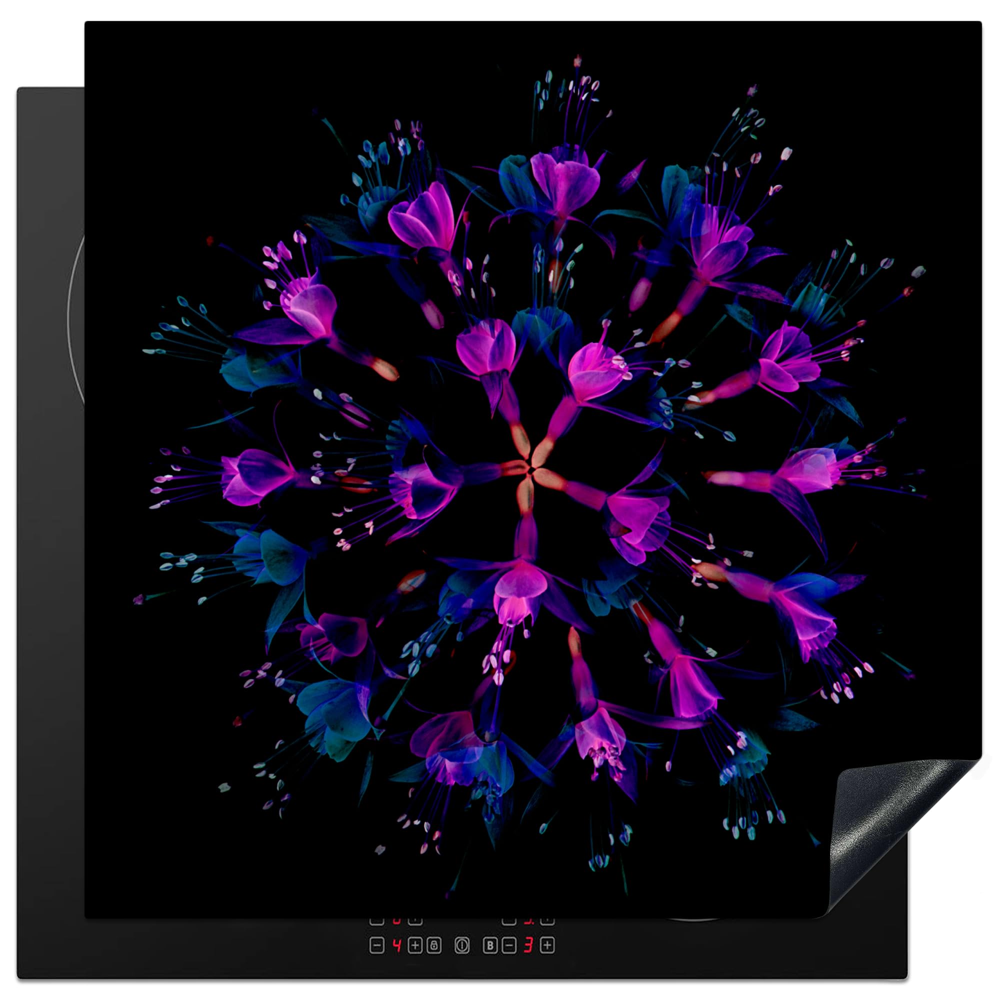 KitchenYeah© Induction Hob Protector Mat 30.7"x30.7" / 78x78 cm Stove Cap Top Cover Kitchen Cooker Covers for Electric Hobs Vinyl Flower - Purple - Blue - Macro - Black — image 1