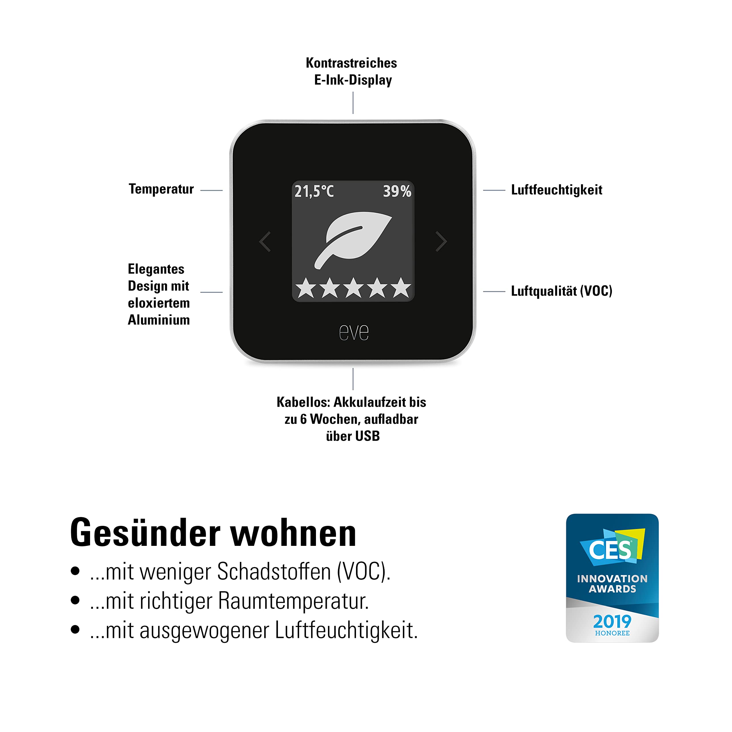 Eve Room Apple Home Raumklima Monitor Luftqualität Schadstoffkonzentration Temperatur Luftfeuchtigkeit Thread