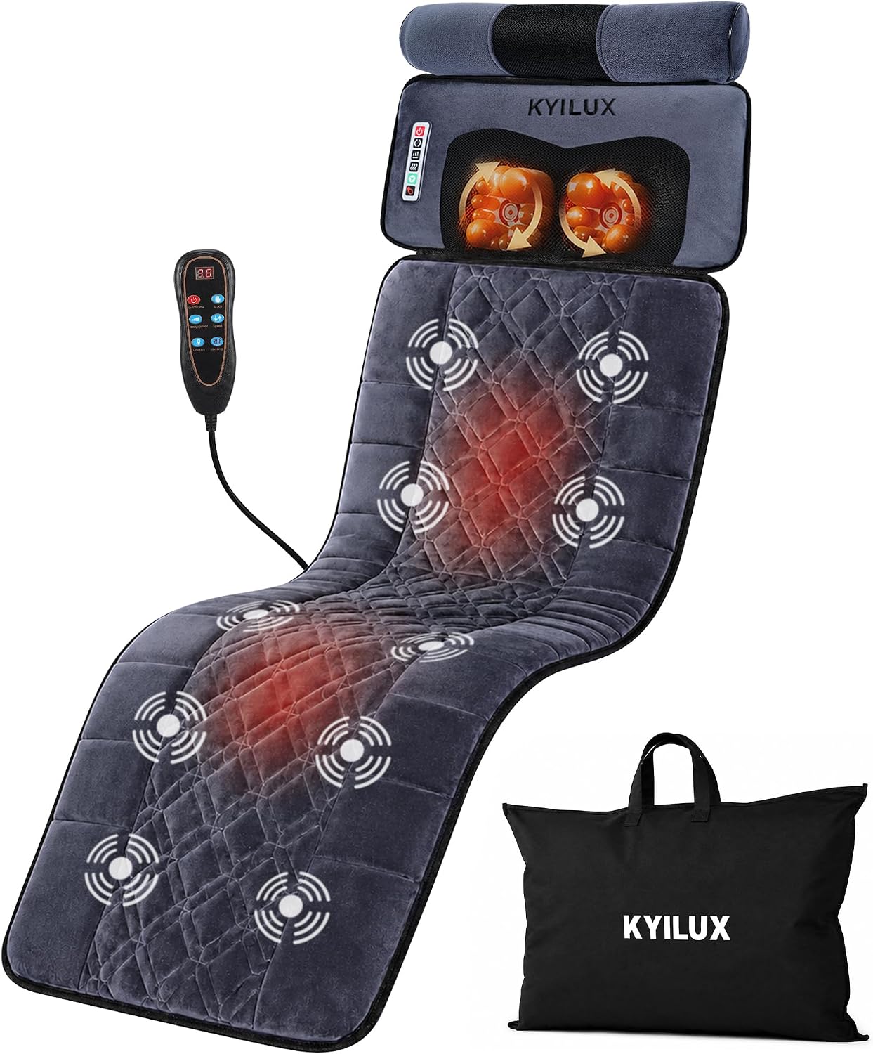 Full Body Vibration Massage Mat with Heat – 10 Vibration Motors for Soothing Body Relief, Includes Detachable Shiatsu Neck Massager, Heated Massage Pad for Bed, Sofa & Recliner
