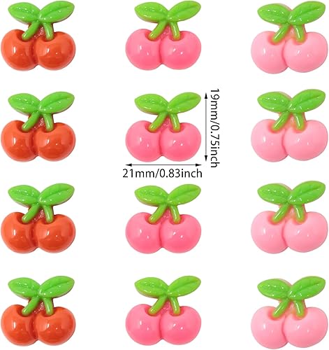 Miniatura 2 de Honbay 60 dijes de resina con parte trasera plana de cereza dulce, pequeños dijes de limo de cereza de dibujos animados, adornos de resina de