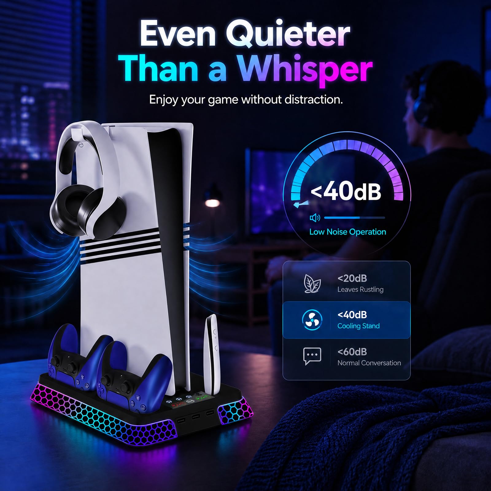 Soporte para PS5 con estética hexagonal RGB, estación de refrigeración PS5 para consola digital PlayStation 5 Slim Pro Disc con ventilador de refrigeración, controlador dual, cargador rápido USB