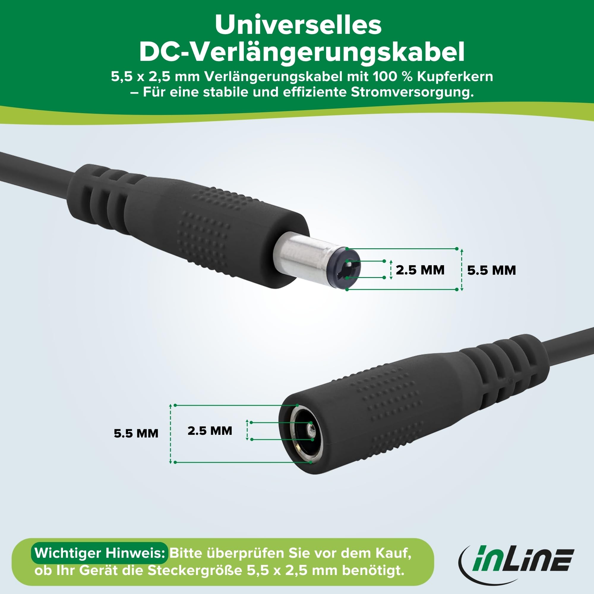 InLine - Przedłużacz DC, uniwersalny zasilacz sieciowy przedłużacz do taśm LED, kamer monitorujących, drukarek, routerów, przełączników i wielu innych, wtyk DC 5,5 x 2,5 mm, czarny, 2 m