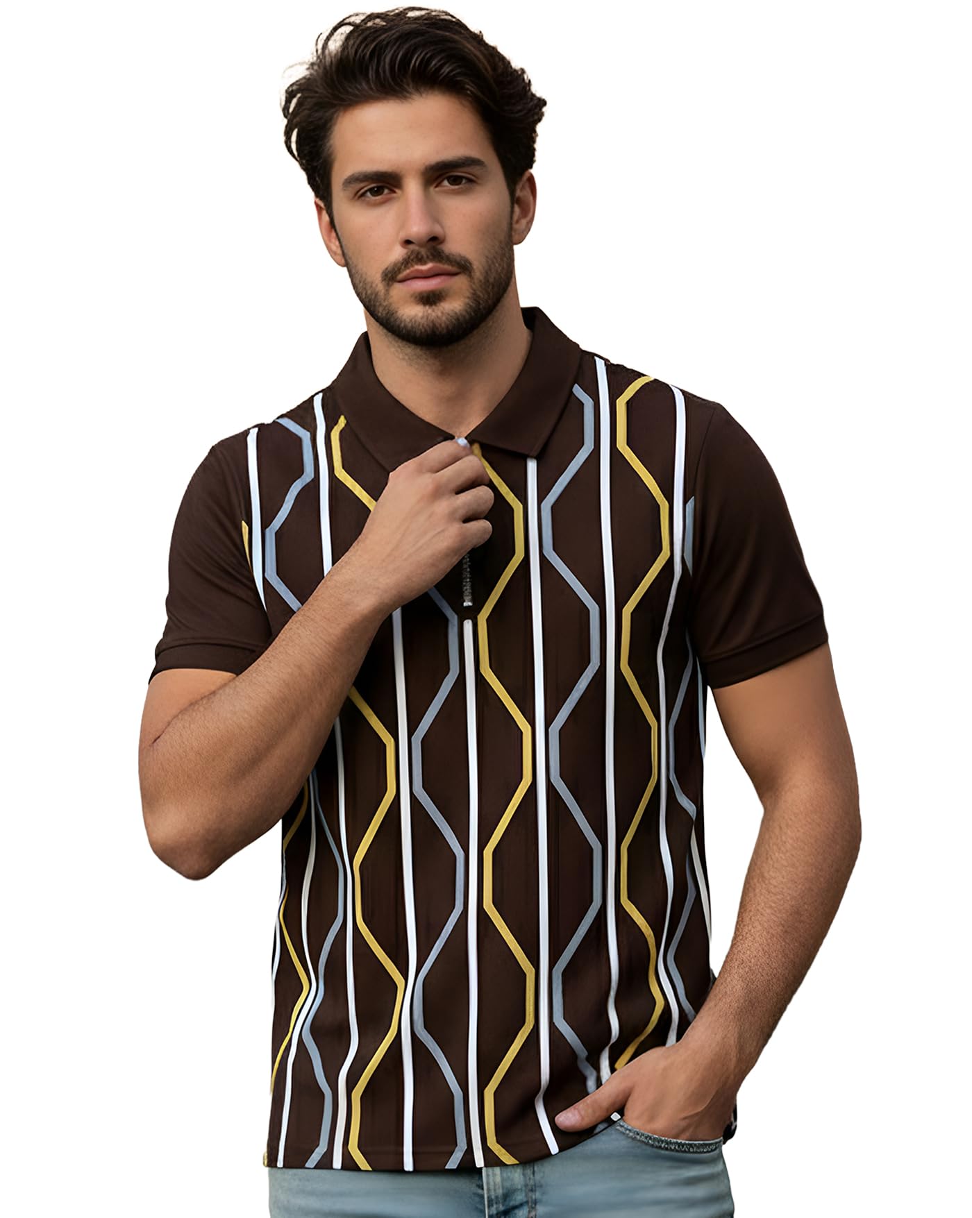 GoSriKi Men T-Shirts with Polo Collar with Zipper Half Sleeve Casual Tshirts in neutral