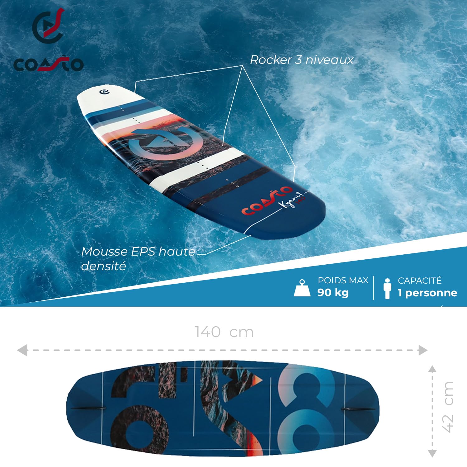 Coasto Wakeboard Kyanit 140 PB-CWKBKYANIT Planche Légère Confortable Pratique pour Tous Les Riders Tout Niveau Chausses Comprises Charge Max 90 kg 140 cm