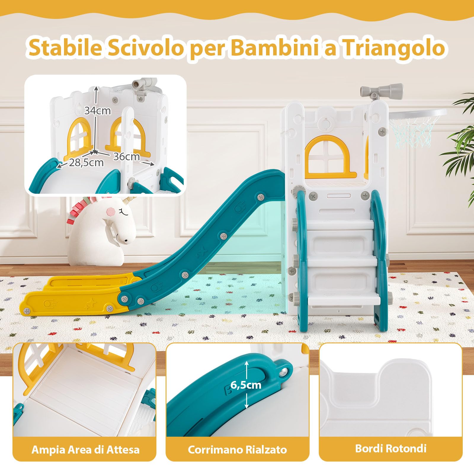 COSTWAY 6 in 1 Scivolo per Bambini, Set da Gioco a Forma di L con Canestro da Basket e Telescopio, Spazio di Archiviazione, Scivolo da Interno ed Esterno per 1 Anni+ (Giallo)