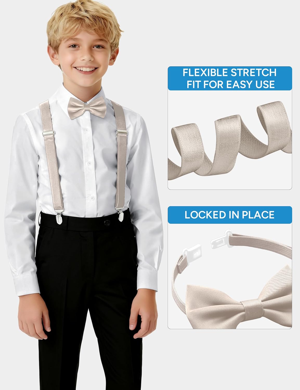 Khaki Suspenders for Boys Elastic Bow Tie Kids Girls Toddlers Adjustable Elastic Y-Back Design & Sturdy Clips for Age 1-7 Years - Image 5
