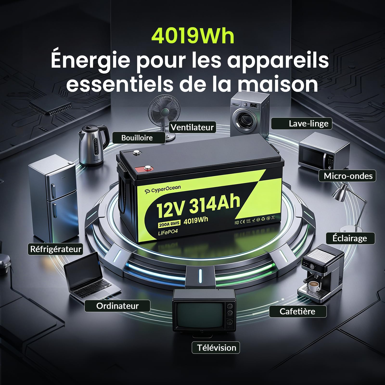 Lot de 2 Batteries LiFePO4 12V 314Ah, 8038Wh Batterie Lithium avec BMS 200A Protection Basse Température, Plus de 15000 Cycles, pour Camping-Car, Solaire, Bateau, Système Hors Réseau