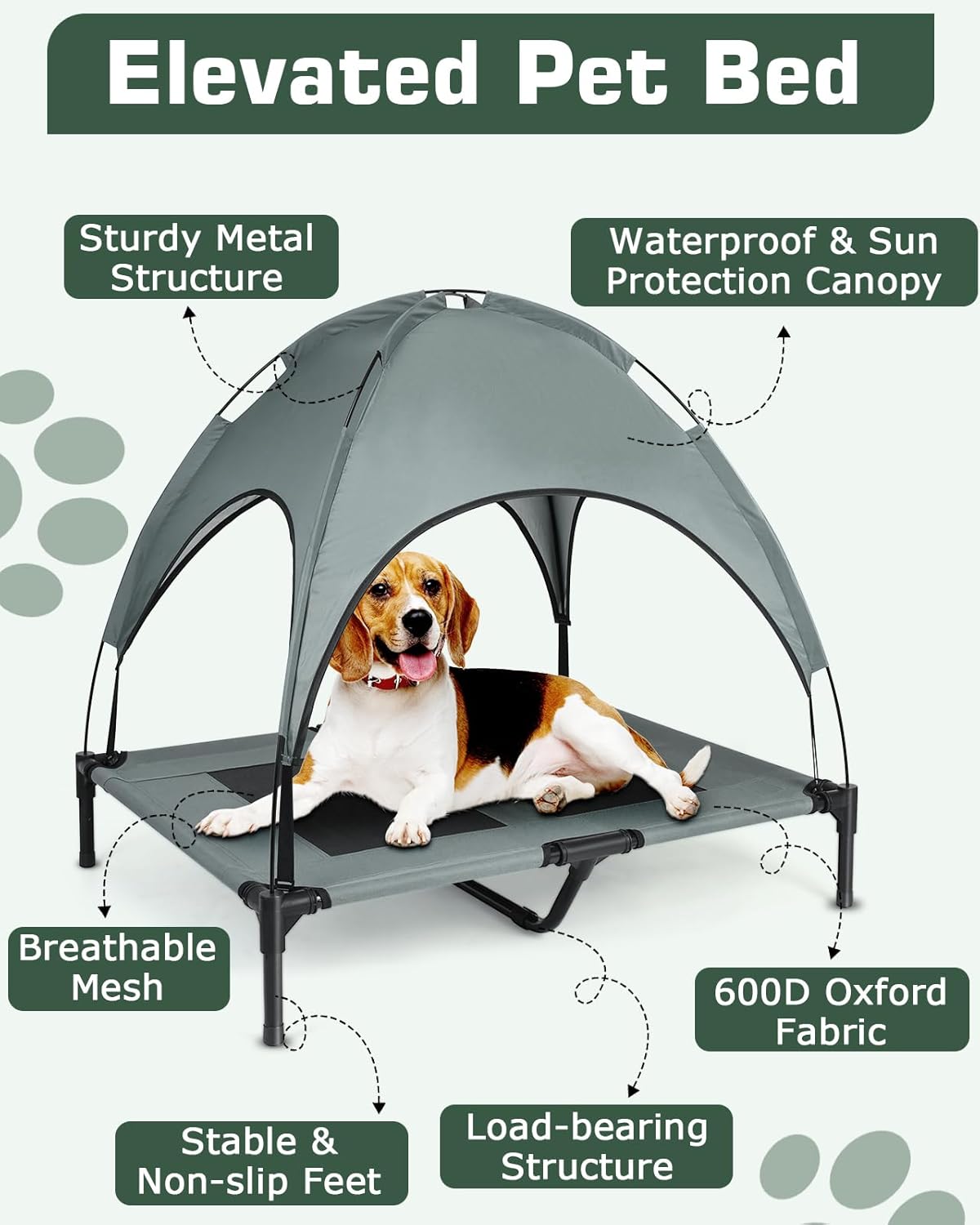 review Elevated Dog Bed, Outdoor Dog Bed with Canopy, Raised Dog Cot with Anti-Slip Feet, Breathable Mesh for Indoor & Outdoor Use, Portable Cooling Dog Bed for Dogs Up to 66LBS (L)