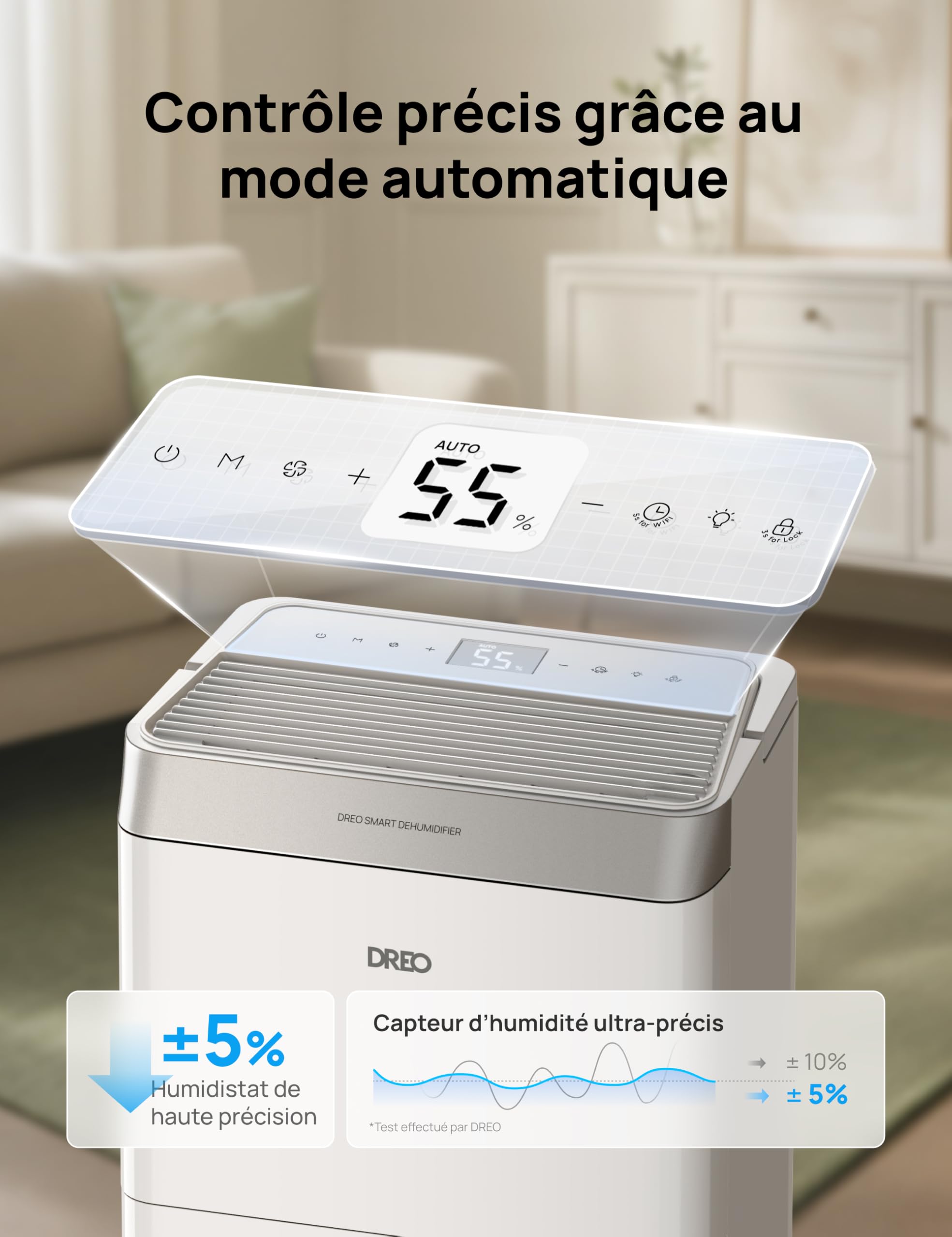 Dreo Déshumidificateur d’air 20L/jour, Wi-Fi & Alexa, avec réservoir d'eau 3.4L, Pour 40㎡/100m³, Déshumidificateur silencieux 38dB, 3 Modes, Minuterie 24 h, Pour Chambre, Salle de Bain & Cave