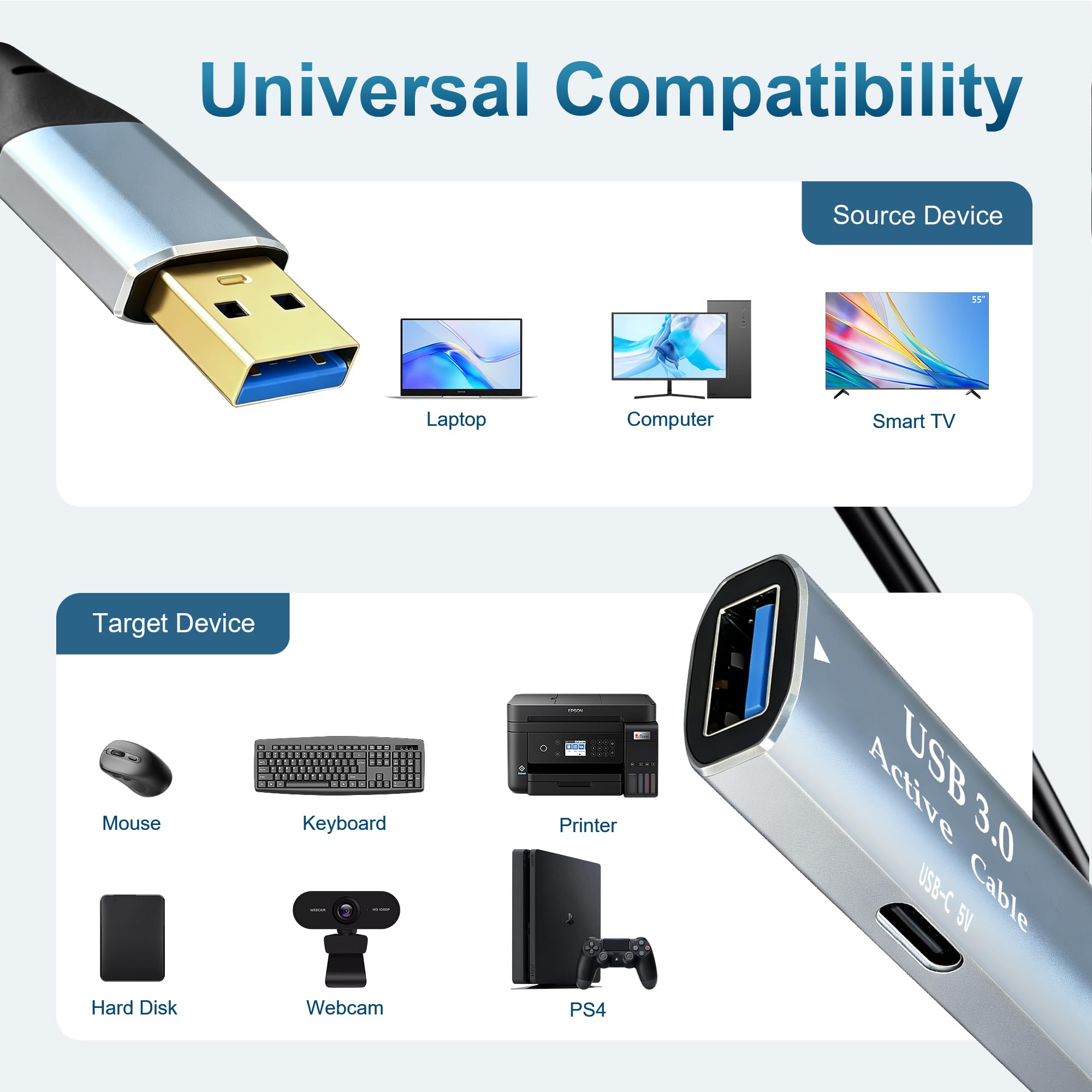 Tan QY Aktives USB-3.0-Verlängerungskabel, Typ A-Stecker auf A-Buchse, Verlängerungskabel mit 2 Verlängerungs-Chipsätzen, Signalverstärker und 1 USB-C-Ladeanschluss, für Webcam, USB-Hub, Kamera