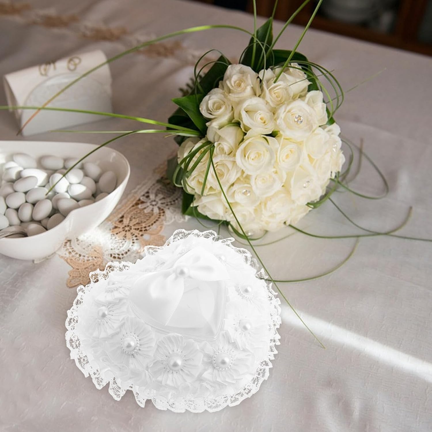 Wedding Ring Pillow Heart-Shaped with Pearl Lace Foam Rose Flower Cushion Ring Bearer Pillow for Wedding Ceremony Party Decoration