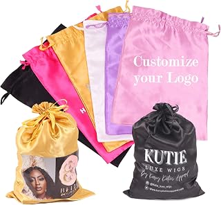 Custom Printed Wig Storage Satin Bags with Drawstring, 20-100 Pcs/Lot Personalized Logo Silk Hair Bag For Hair Bundles Headband Wig Lace Wig, Pouches Gift Bags Cosmetic Bags (20Pcs/Lot, Black)