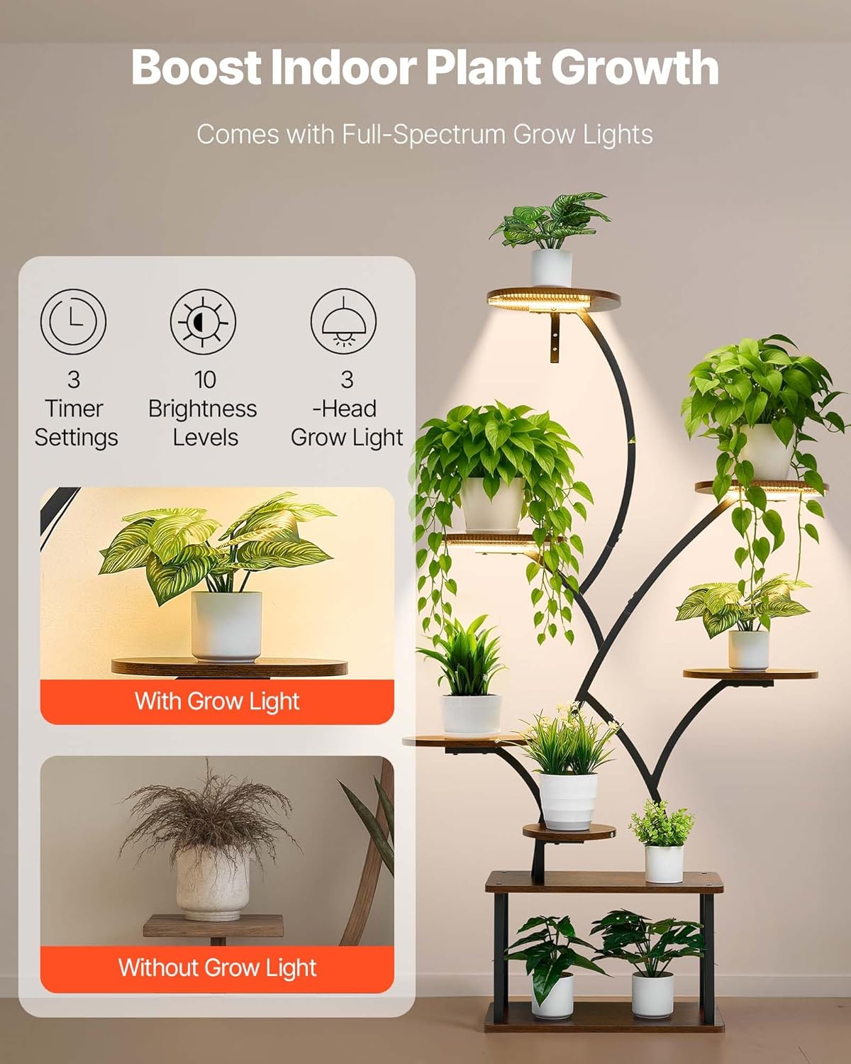 VEVOR Plant Stand Indoor with Grow Lights, 62 in Tall 8-Tier Lighted Plant Shelf, Metal Corner Plants Holder, 3 Timer & 10 Brightness, Tree-Shaped Flower Display Rack for Living Room Balcony Decor