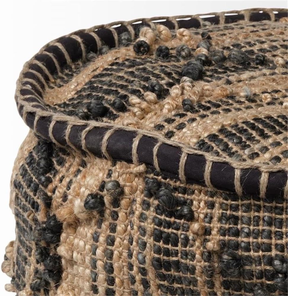 Pemberly Row Mid-Century Wool Pouf, Cylindrical Shape, Tan Jute with Popcorn Stitch Design, 20 in L x 20 in W x 18 in H, Handwoven Boho Accent Footrest or Occasional Seating for Living Room