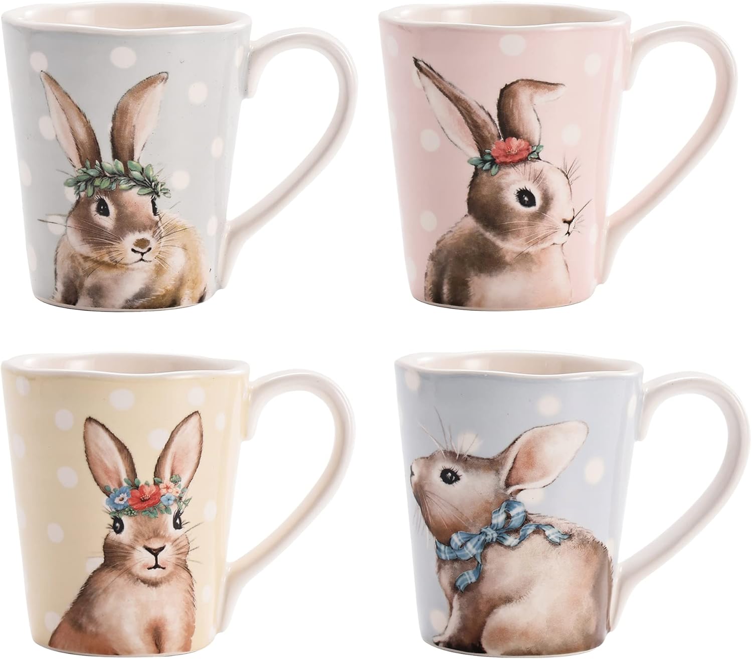 Bico Farmhouse Bunny Ceramic Mugs, Easter Mugs Set, 16oz, Set of 4, for Coffee, Tea, Drinks, Microwave & Dishwasher Safe
